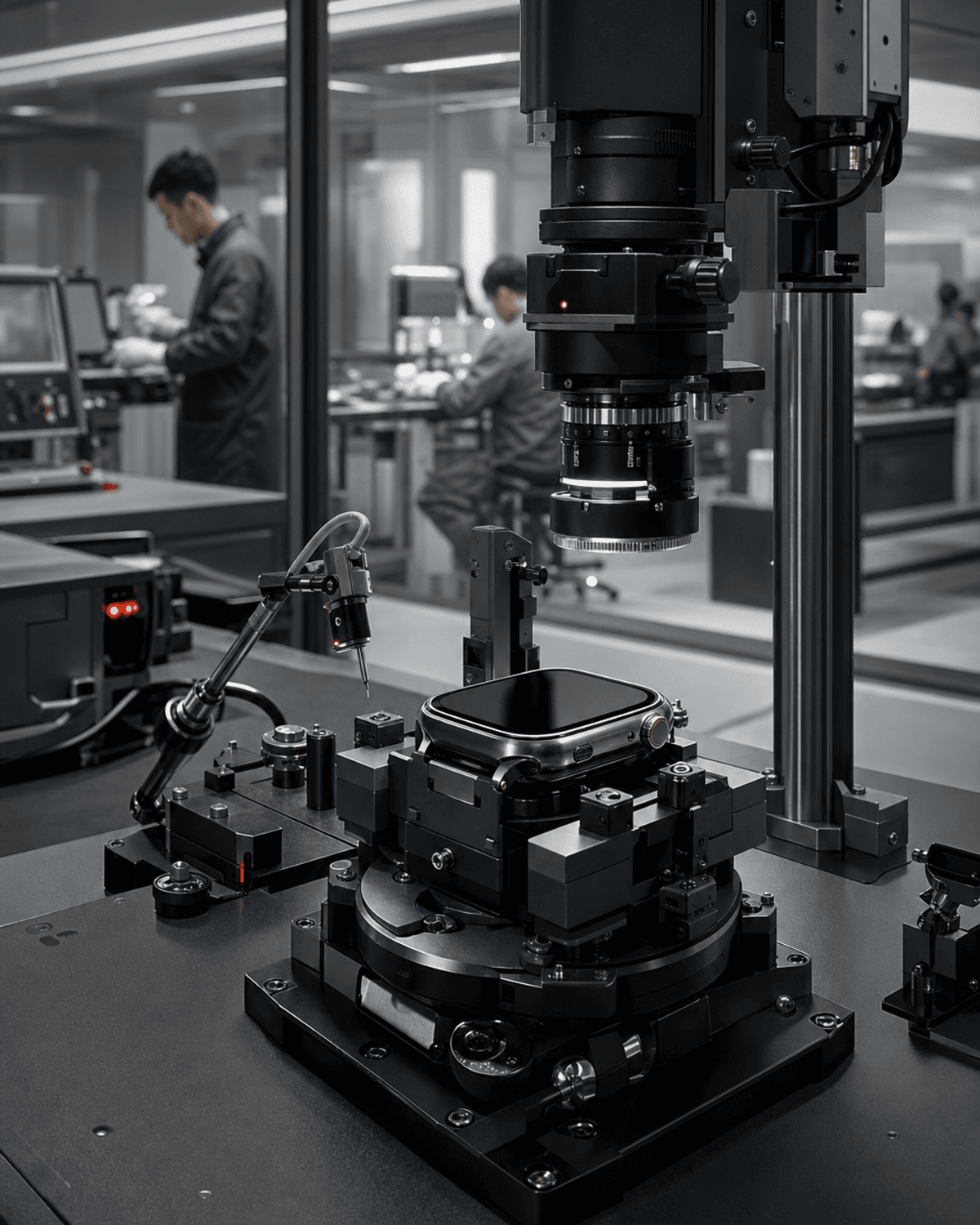 Smart watch prototype under precision optical inspection in an engineering lab